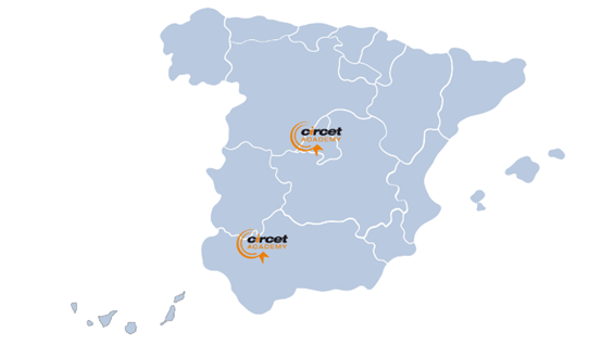 Mapa de España con las sedes de formación de Circet Academy en Sevilla y Madrid.